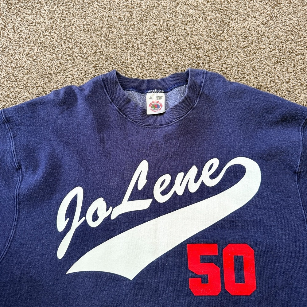 VTG 80's JoLene 50 Crew Neck Size L Made USA Fruit of the Loom Supercotton Blue